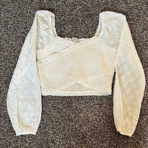 Cream Long Sleeve Criss-Cross Crop Top - American Eagle